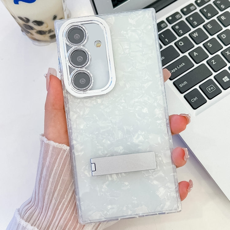 Plating Glitter Texture Fold Holder TPU Phone Case with Lens Film, For Samsung Galaxy S24+ 5G