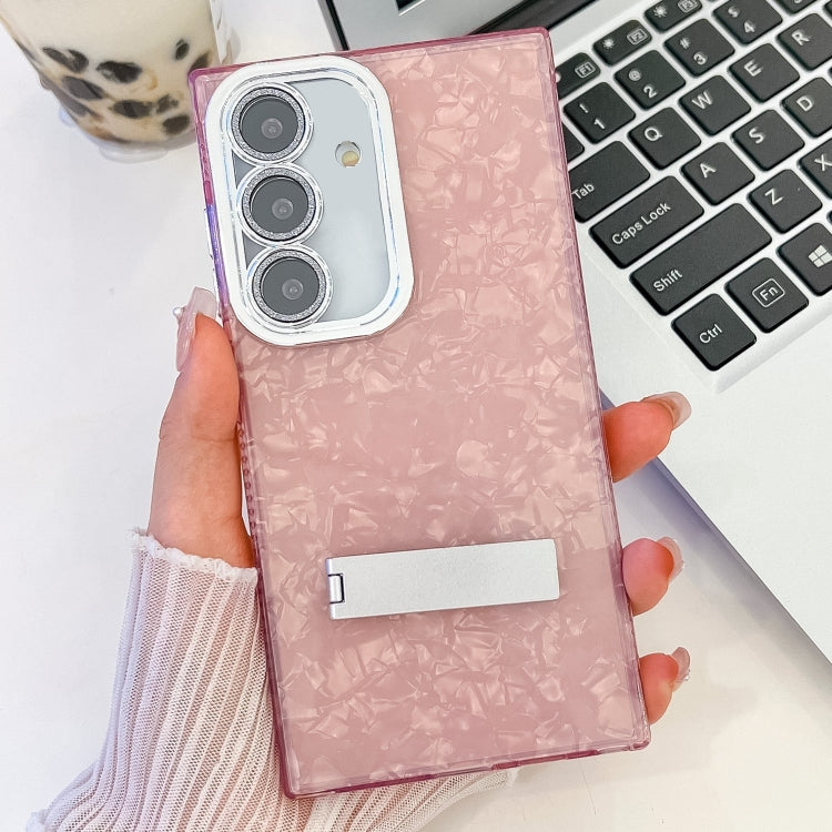 Plating Glitter Texture Fold Holder TPU Phone Case with Lens Film, For Samsung Galaxy S24+ 5G