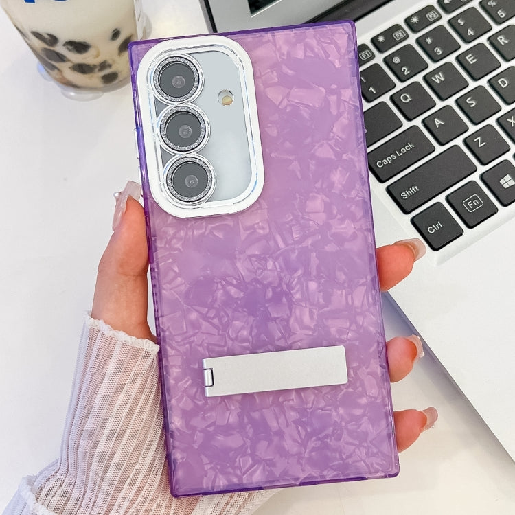 Plating Glitter Texture Fold Holder TPU Phone Case with Lens Film, For Samsung Galaxy S24+ 5G
