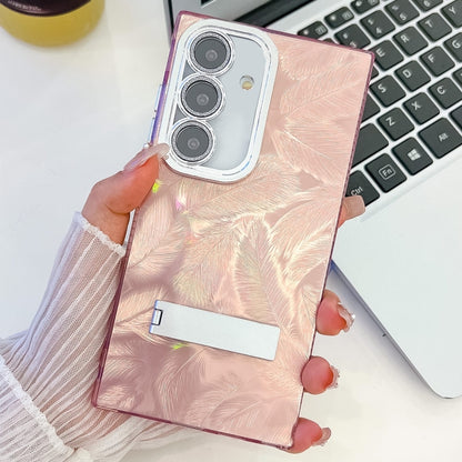 Plating Glitter Texture Fold Holder TPU Phone Case with Lens Film, For Samsung Galaxy S24+ 5G