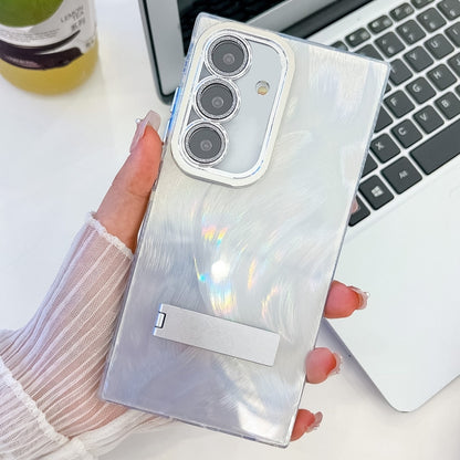 Plating Glitter Texture Fold Holder TPU Phone Case with Lens Film, For Samsung Galaxy S24+ 5G