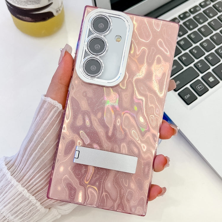 Plating Glitter Texture Fold Holder TPU Phone Case with Lens Film, For Samsung Galaxy S24+ 5G