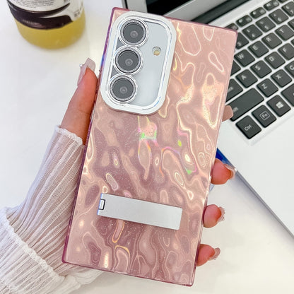Plating Glitter Texture Fold Holder TPU Phone Case with Lens Film, For Samsung Galaxy S24+ 5G