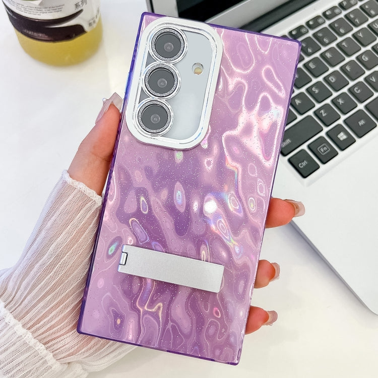 Plating Glitter Texture Fold Holder TPU Phone Case with Lens Film, For Samsung Galaxy S24+ 5G