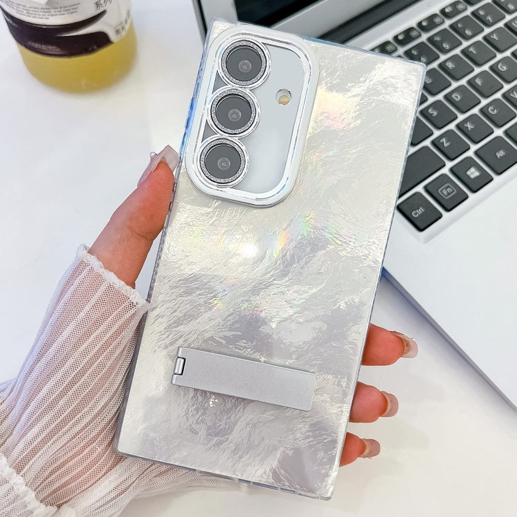Plating Glitter Texture Fold Holder TPU Phone Case with Lens Film, For Samsung Galaxy S24+ 5G