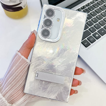 Plating Glitter Texture Fold Holder TPU Phone Case with Lens Film, For Samsung Galaxy S24+ 5G