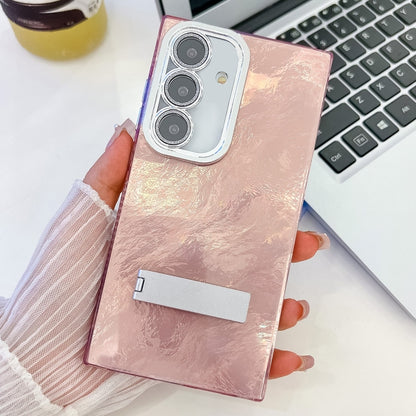 Plating Glitter Texture Fold Holder TPU Phone Case with Lens Film, For Samsung Galaxy S24+ 5G