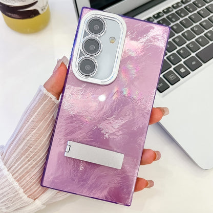 Plating Glitter Texture Fold Holder TPU Phone Case with Lens Film, For Samsung Galaxy S24+ 5G