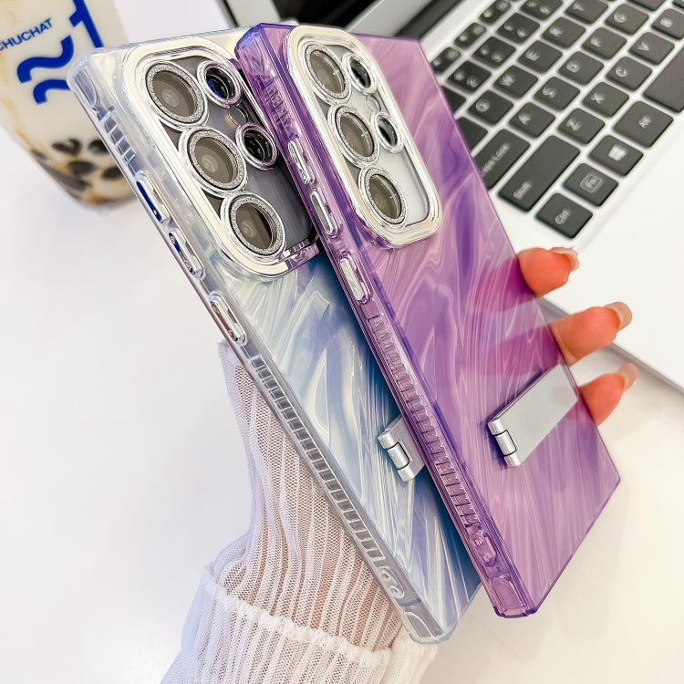 Plating Glitter Texture Fold Holder TPU Phone Case with Lens Film, For Samsung Galaxy S24+ 5G