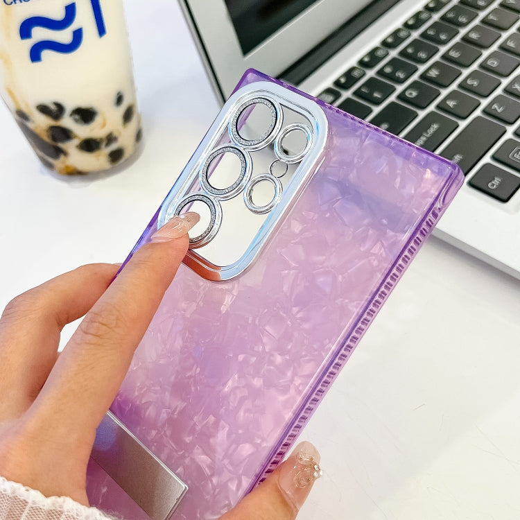 Plating Glitter Texture Fold Holder TPU Phone Case with Lens Film, For Samsung Galaxy S24+ 5G