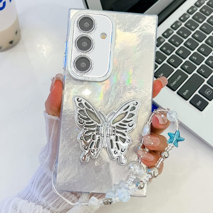 Plating Glitter Lens Film Texture Butterfly Holder Wristband Phone Case, For Samsung Galaxy S24 FE 5G