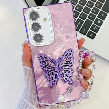 Plating Glitter Lens Film Texture Butterfly Holder Wristband Phone Case, For Samsung Galaxy A15 5G