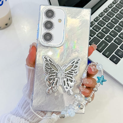 Plating Glitter Lens Film Texture Butterfly Holder Wristband Phone Case, For Samsung Galaxy S25 5G
