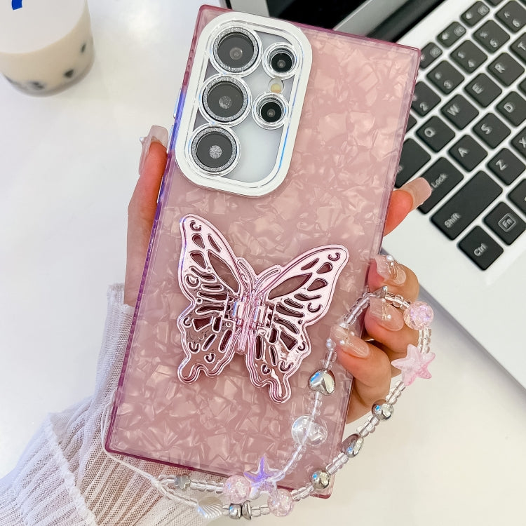 Plating Glitter Lens Film Texture Butterfly Holder Wristband Phone Case, For Samsung Galaxy S25 Ultra 5G