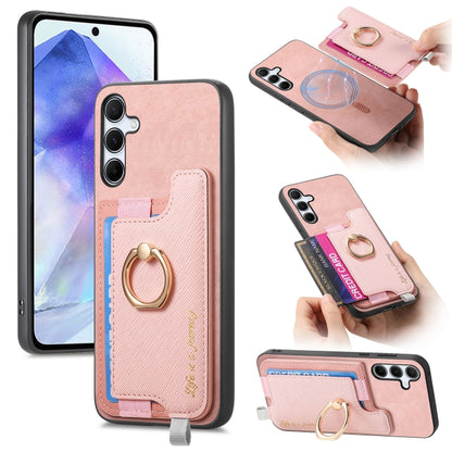 Retro Cross Leather Ring Horizontal Insert Card Bag MagSafe Phone Case, For Samsung Galaxy A55 5G, For Samsung Galaxy A35 5G, For Samsung Galaxy S24 Ultra 5G