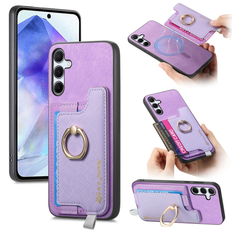 Retro Cross Leather Ring Horizontal Insert Card Bag MagSafe Phone Case, For Samsung Galaxy A55 5G, For Samsung Galaxy A35 5G, For Samsung Galaxy S24 Ultra 5G