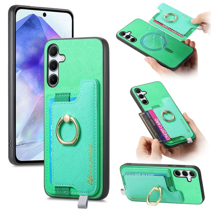 Retro Cross Leather Ring Horizontal Insert Card Bag MagSafe Phone Case, For Samsung Galaxy A55 5G, For Samsung Galaxy A35 5G, For Samsung Galaxy S24 Ultra 5G