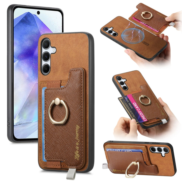 Retro Cross Leather Ring Horizontal Insert Card Bag MagSafe Phone Case, For Samsung Galaxy A55 5G, For Samsung Galaxy A35 5G, For Samsung Galaxy S24 Ultra 5G