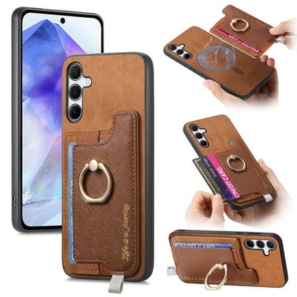 Retro Cross Leather Ring Horizontal Insert Card Bag MagSafe Phone Case, For Samsung Galaxy A55 5G, For Samsung Galaxy A35 5G, For Samsung Galaxy S24 Ultra 5G