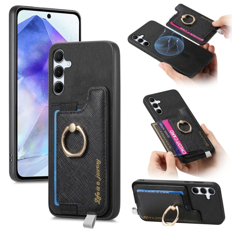 Retro Cross Leather Ring Horizontal Insert Card Bag MagSafe Phone Case, For Samsung Galaxy A55 5G, For Samsung Galaxy A35 5G, For Samsung Galaxy S24 Ultra 5G