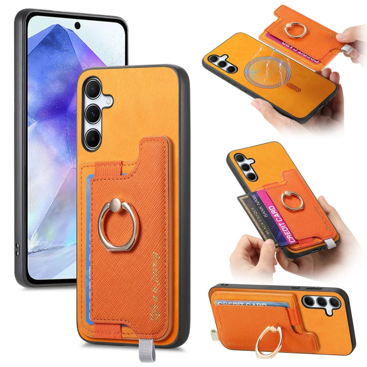 Retro Cross Leather Ring Horizontal Insert Card Bag MagSafe Phone Case, For Samsung Galaxy A55 5G, For Samsung Galaxy A35 5G, For Samsung Galaxy S24 Ultra 5G