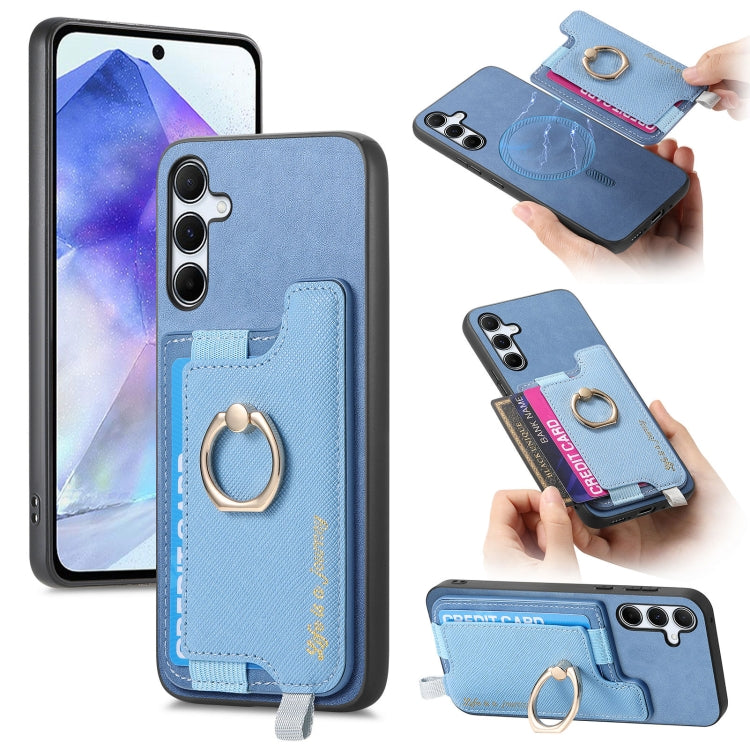 Retro Cross Leather Ring Horizontal Insert Card Bag MagSafe Phone Case, For Samsung Galaxy A55 5G, For Samsung Galaxy A35 5G, For Samsung Galaxy S24 Ultra 5G