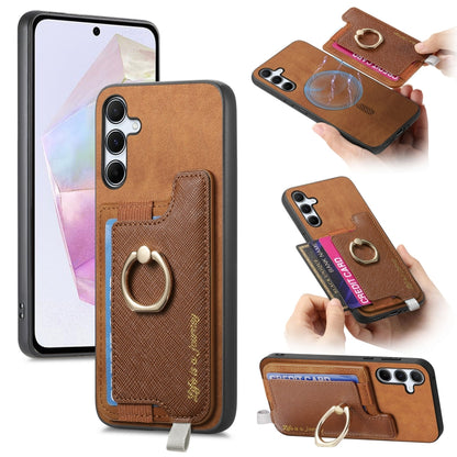 Retro Cross Leather Ring Horizontal Insert Card Bag MagSafe Phone Case, For Samsung Galaxy A35 5G, For Samsung Galaxy S24 Ultra 5G, For Samsung Galaxy S24+ 5G