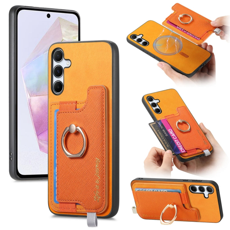 Retro Cross Leather Ring Horizontal Insert Card Bag MagSafe Phone Case, For Samsung Galaxy A35 5G, For Samsung Galaxy S24 Ultra 5G, For Samsung Galaxy S24+ 5G