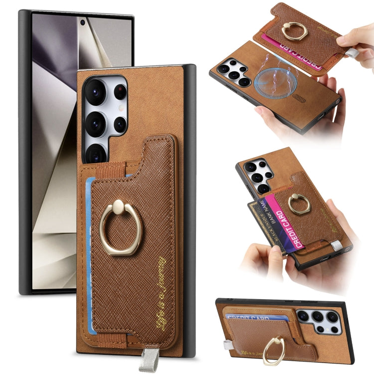 Retro Cross Leather Ring Horizontal Insert Card Bag MagSafe Phone Case, For Samsung Galaxy A35 5G, For Samsung Galaxy S24 Ultra 5G, For Samsung Galaxy S24+ 5G