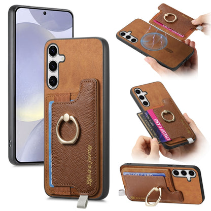 Retro Cross Leather Ring Horizontal Insert Card Bag MagSafe Phone Case, For Samsung Galaxy S24+ 5G, For Samsung Galaxy S24 5G, For Samsung Galaxy A15