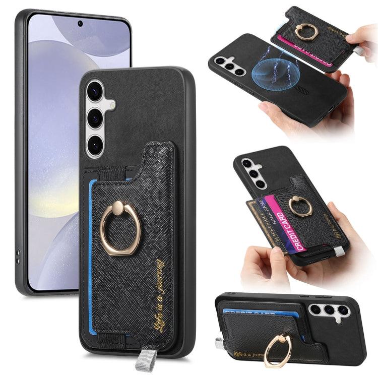 Retro Cross Leather Ring Horizontal Insert Card Bag MagSafe Phone Case, For Samsung Galaxy S24+ 5G, For Samsung Galaxy S24 5G, For Samsung Galaxy A15