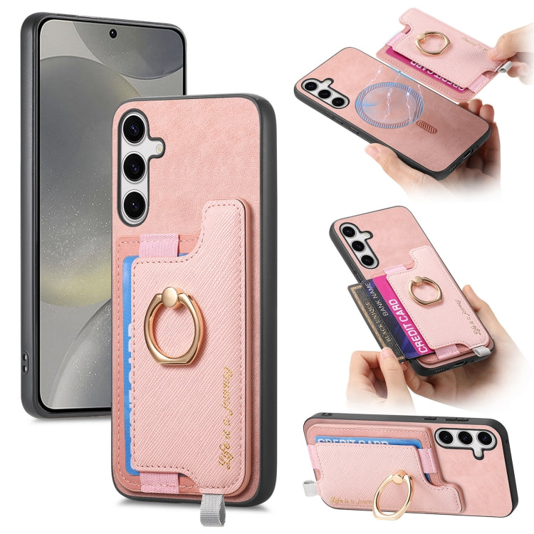 Retro Cross Leather Ring Horizontal Insert Card Bag MagSafe Phone Case, For Samsung Galaxy S24 5G, For Samsung Galaxy A15, For Samsung Galaxy A05
