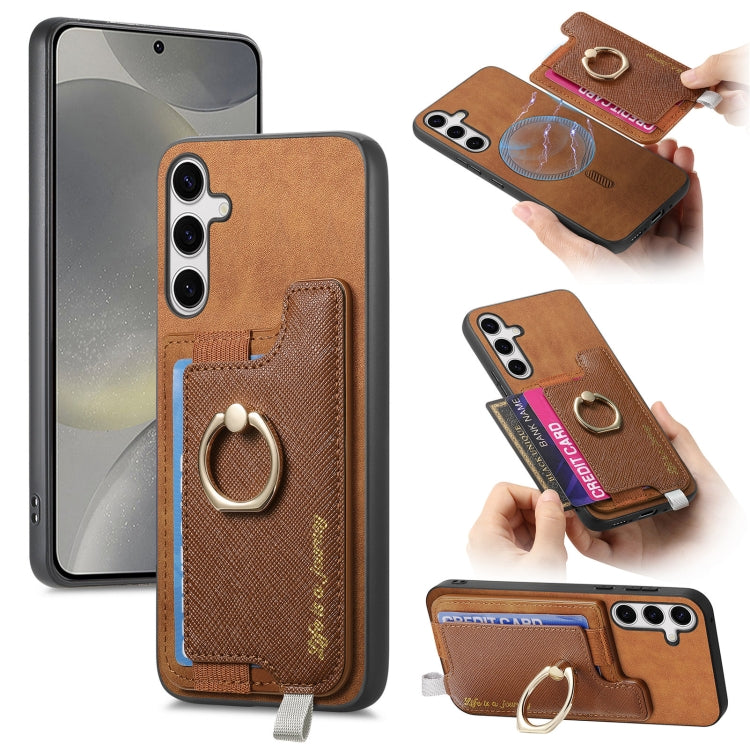 Retro Cross Leather Ring Horizontal Insert Card Bag MagSafe Phone Case, For Samsung Galaxy S24 5G, For Samsung Galaxy A15, For Samsung Galaxy A05