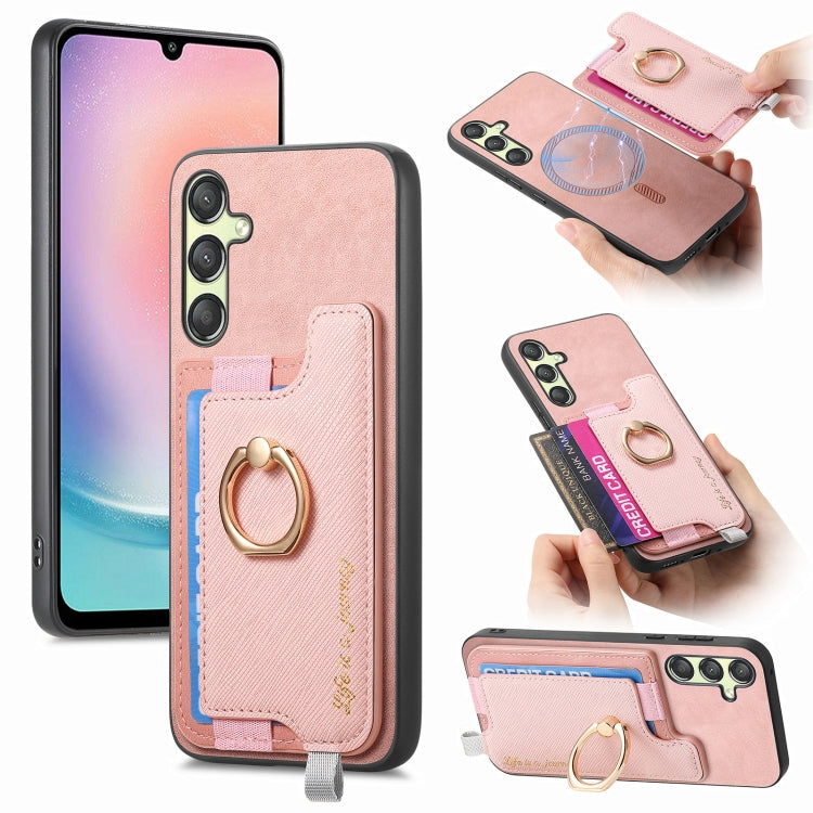 Retro Cross Leather Ring Horizontal Insert Card Bag MagSafe Phone Case, For Samsung Galaxy M14 5G, For Samsung Galaxy A24 5G, For Samsung Galaxy A34 5G