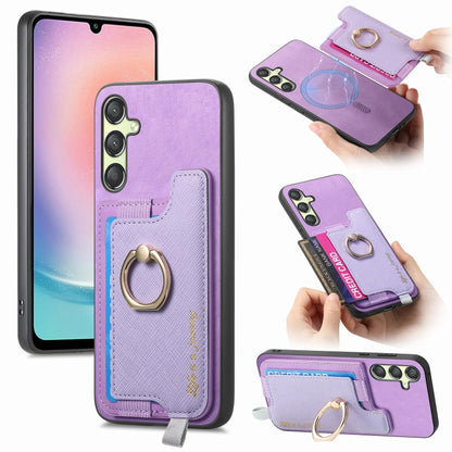 Retro Cross Leather Ring Horizontal Insert Card Bag MagSafe Phone Case, For Samsung Galaxy M14 5G, For Samsung Galaxy A24 5G, For Samsung Galaxy A34 5G