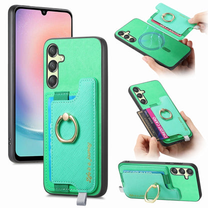 Retro Cross Leather Ring Horizontal Insert Card Bag MagSafe Phone Case, For Samsung Galaxy M14 5G, For Samsung Galaxy A24 5G, For Samsung Galaxy A34 5G
