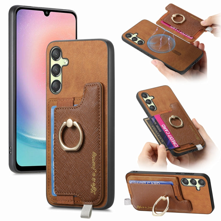 Retro Cross Leather Ring Horizontal Insert Card Bag MagSafe Phone Case, For Samsung Galaxy M14 5G, For Samsung Galaxy A24 5G, For Samsung Galaxy A34 5G