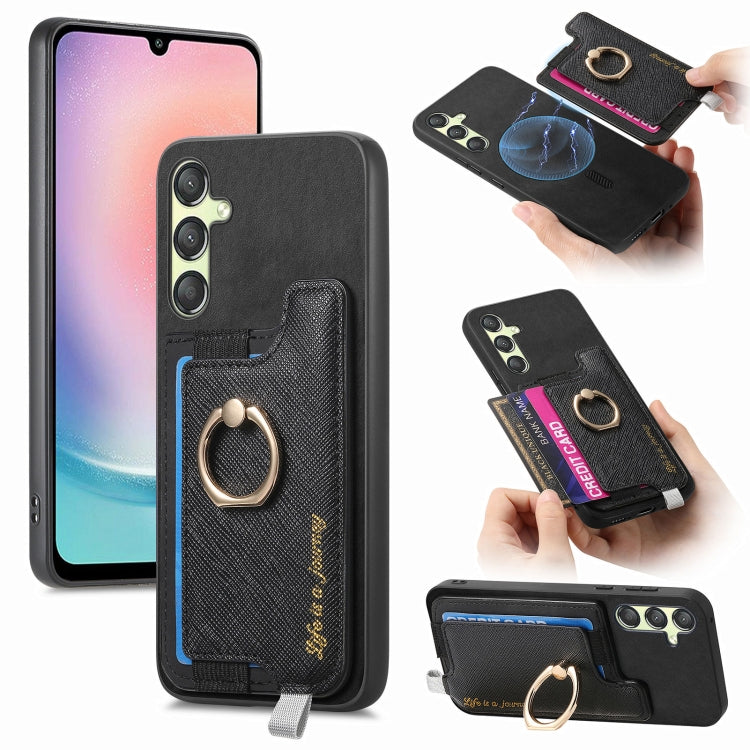 Retro Cross Leather Ring Horizontal Insert Card Bag MagSafe Phone Case, For Samsung Galaxy M14 5G, For Samsung Galaxy A24 5G, For Samsung Galaxy A34 5G
