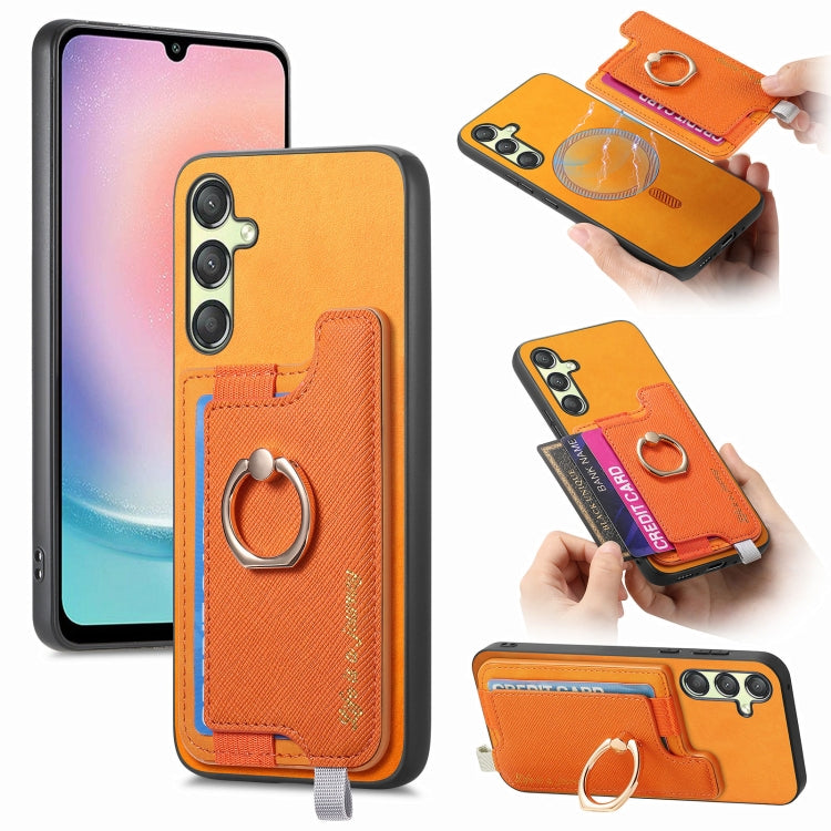Retro Cross Leather Ring Horizontal Insert Card Bag MagSafe Phone Case, For Samsung Galaxy M14 5G, For Samsung Galaxy A24 5G, For Samsung Galaxy A34 5G