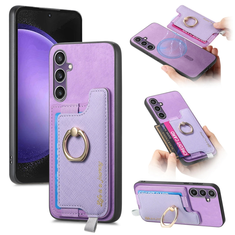 Retro Cross Leather Ring Horizontal Insert Card Bag MagSafe Phone Case, For Samsung Galaxy A06, For Samsung Galaxy S24 FE 5G, For Samsung Galaxy A55 5G