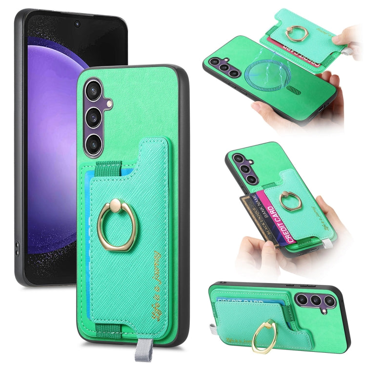 Retro Cross Leather Ring Horizontal Insert Card Bag MagSafe Phone Case, For Samsung Galaxy A06, For Samsung Galaxy S24 FE 5G, For Samsung Galaxy A55 5G