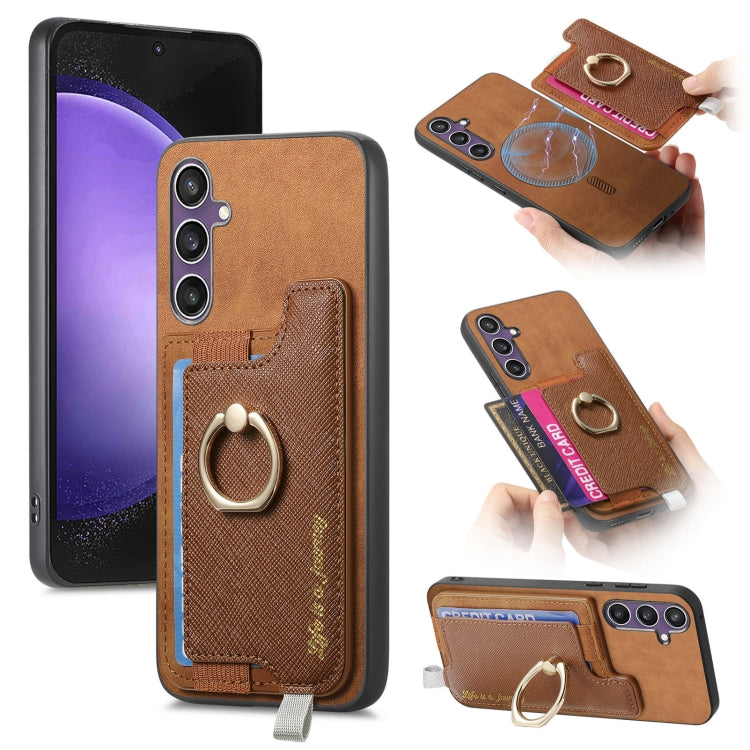 Retro Cross Leather Ring Horizontal Insert Card Bag MagSafe Phone Case, For Samsung Galaxy A06, For Samsung Galaxy S24 FE 5G, For Samsung Galaxy A55 5G