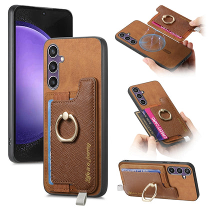 Retro Cross Leather Ring Horizontal Insert Card Bag MagSafe Phone Case, For Samsung Galaxy A06, For Samsung Galaxy S24 FE 5G, For Samsung Galaxy A55 5G