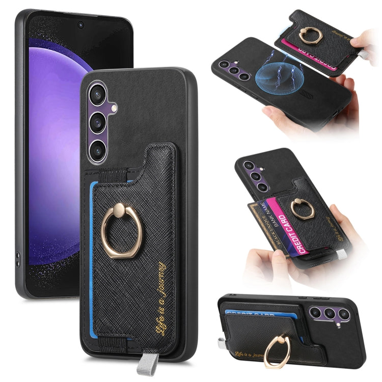 Retro Cross Leather Ring Horizontal Insert Card Bag MagSafe Phone Case, For Samsung Galaxy A06, For Samsung Galaxy S24 FE 5G, For Samsung Galaxy A55 5G