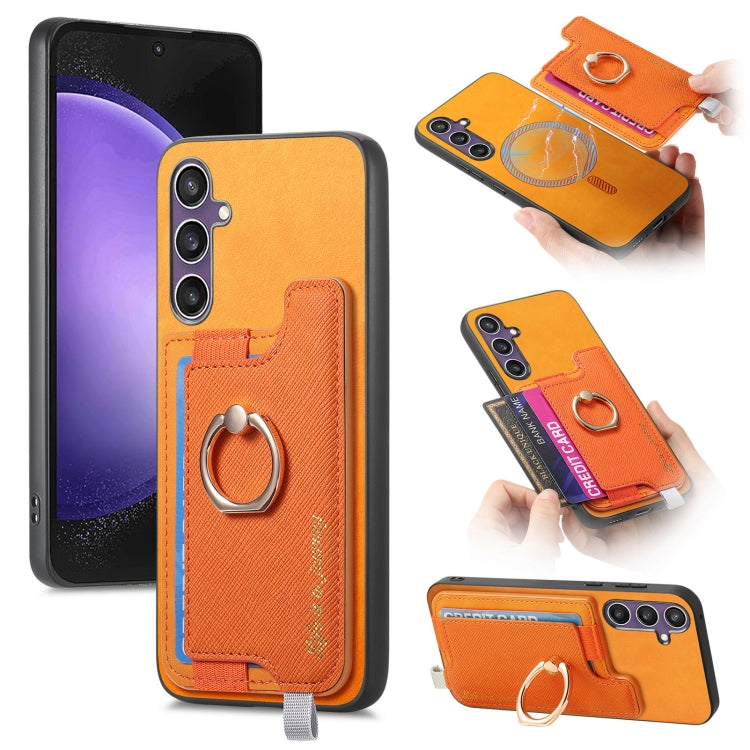 Retro Cross Leather Ring Horizontal Insert Card Bag MagSafe Phone Case, For Samsung Galaxy A06, For Samsung Galaxy S24 FE 5G, For Samsung Galaxy A55 5G