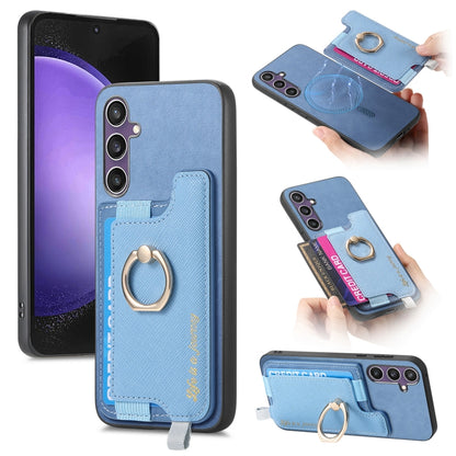 Retro Cross Leather Ring Horizontal Insert Card Bag MagSafe Phone Case, For Samsung Galaxy A06, For Samsung Galaxy S24 FE 5G, For Samsung Galaxy A55 5G