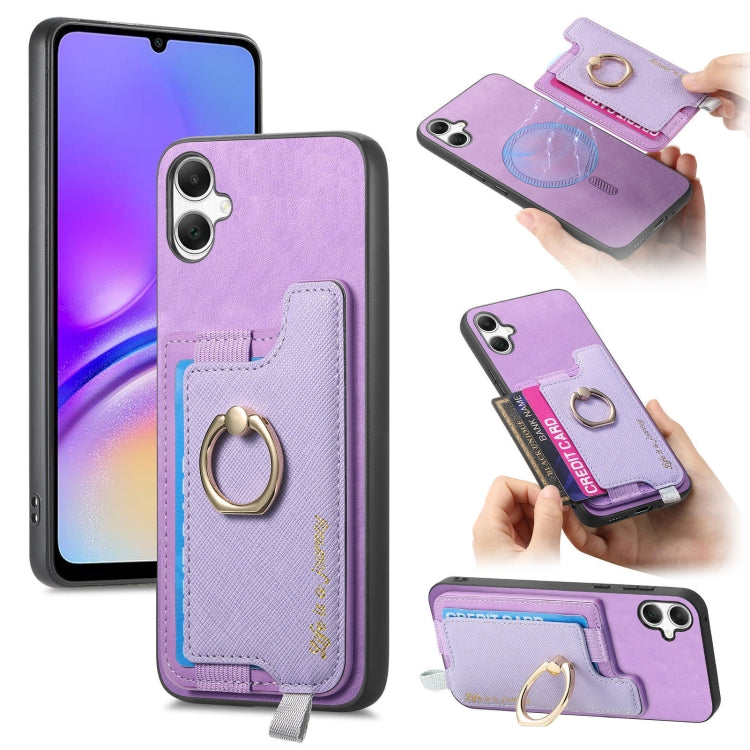 Retro Cross Leather Ring Horizontal Insert Card Bag MagSafe Phone Case, For Samsung Galaxy A06, For Samsung Galaxy S24 FE 5G, For Samsung Galaxy XCover 7