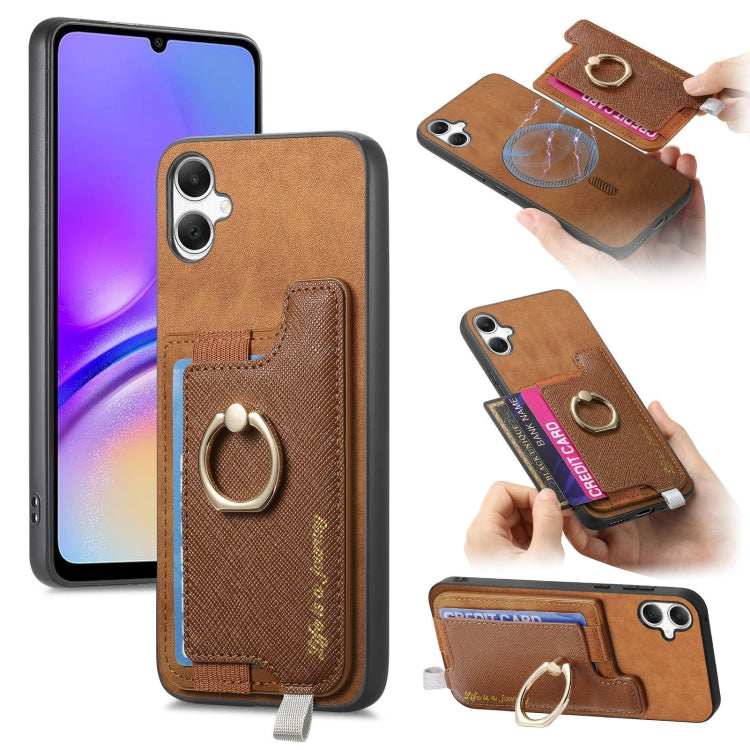 Retro Cross Leather Ring Horizontal Insert Card Bag MagSafe Phone Case, For Samsung Galaxy A06, For Samsung Galaxy S24 FE 5G, For Samsung Galaxy A55 5G