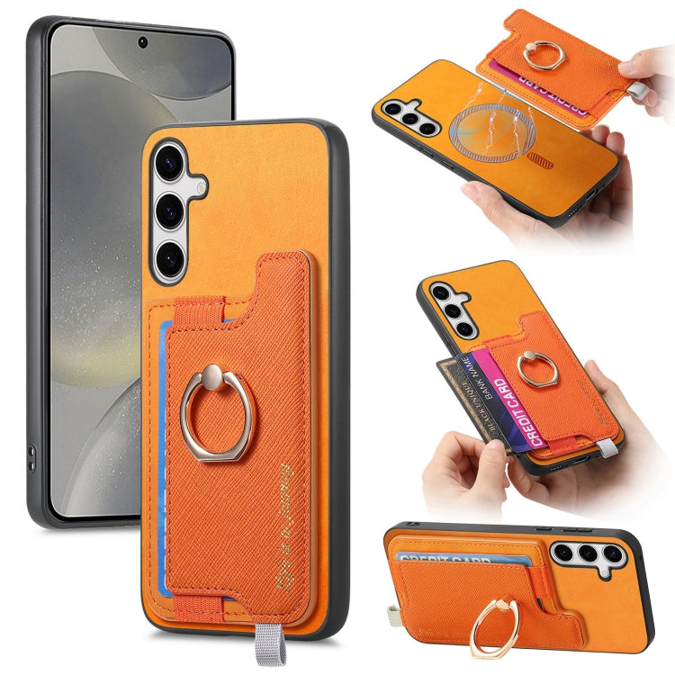 Retro Cross Leather Ring Horizontal Insert Card Bag MagSafe Phone Case, For Samsung Galaxy S25 5G, For Samsung Galaxy S25+ 5G, For Samsung Galaxy S25 Ultra 5G