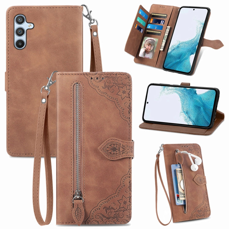 Embossed Flower Zipper Leather Phone Case, For Samsung Galaxy A26 5G, For Samsung Galaxy A36 5G, For Samsung Galaxy S25 5G, For Samsung Galaxy S25+ 5G